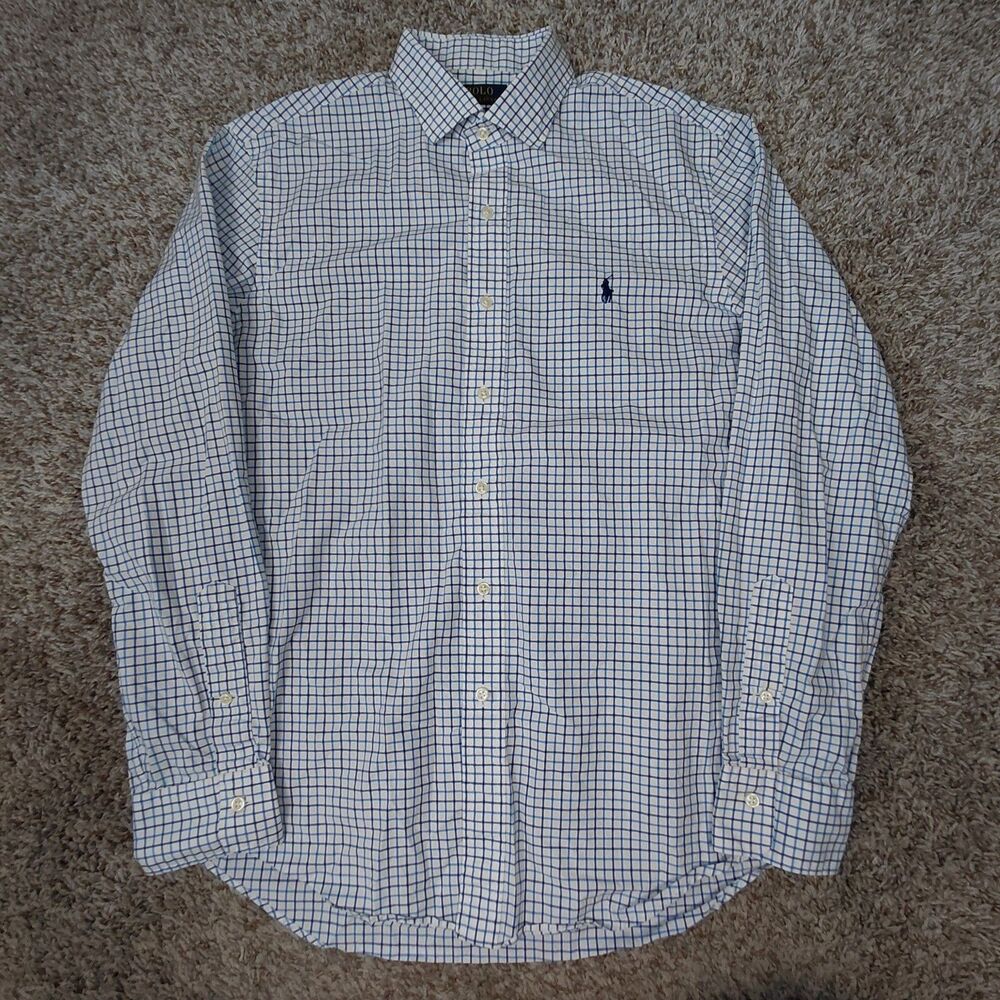 Polo Ralph Lauren Button Up Shirt Mens Large White Check Slim Fit Cotton Pony